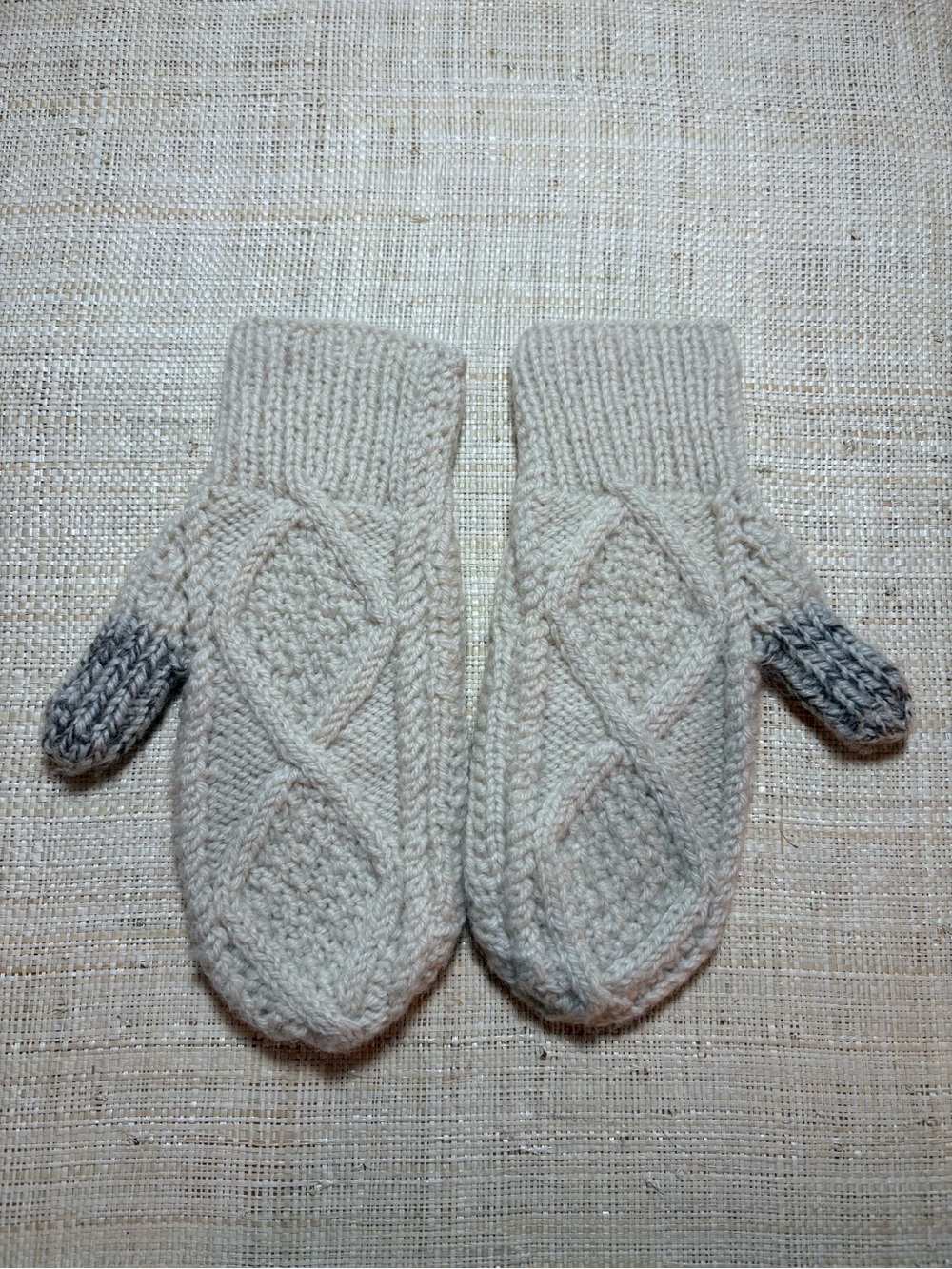 Hand Knit Cream Cable Knit Mittens Gray Thumb Cozy Cottagecore Winter